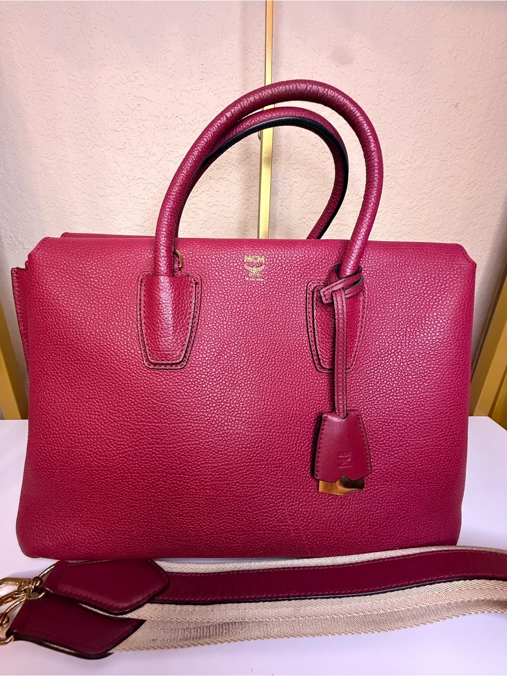 MCM Raspberry Pink Pebbled Leather Satchel
